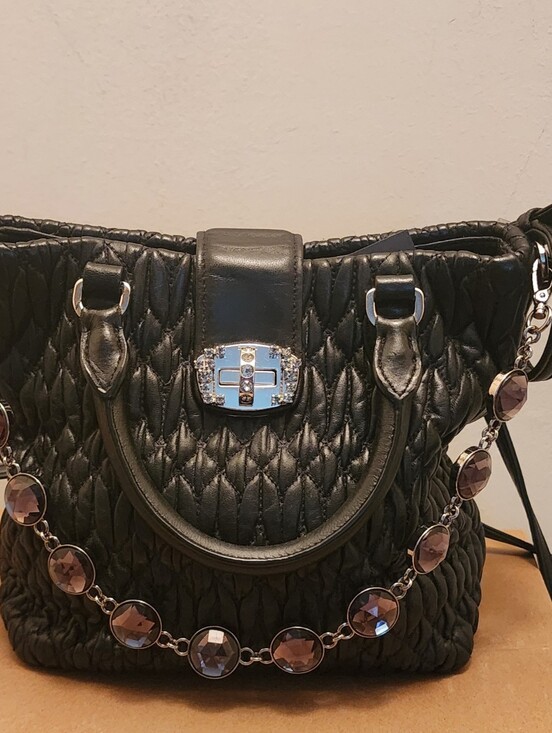 Miu Miu Handbags - Mui Mui Black Leather Quilted Handbag with Gem Chain And Leather Crossbody Strap
